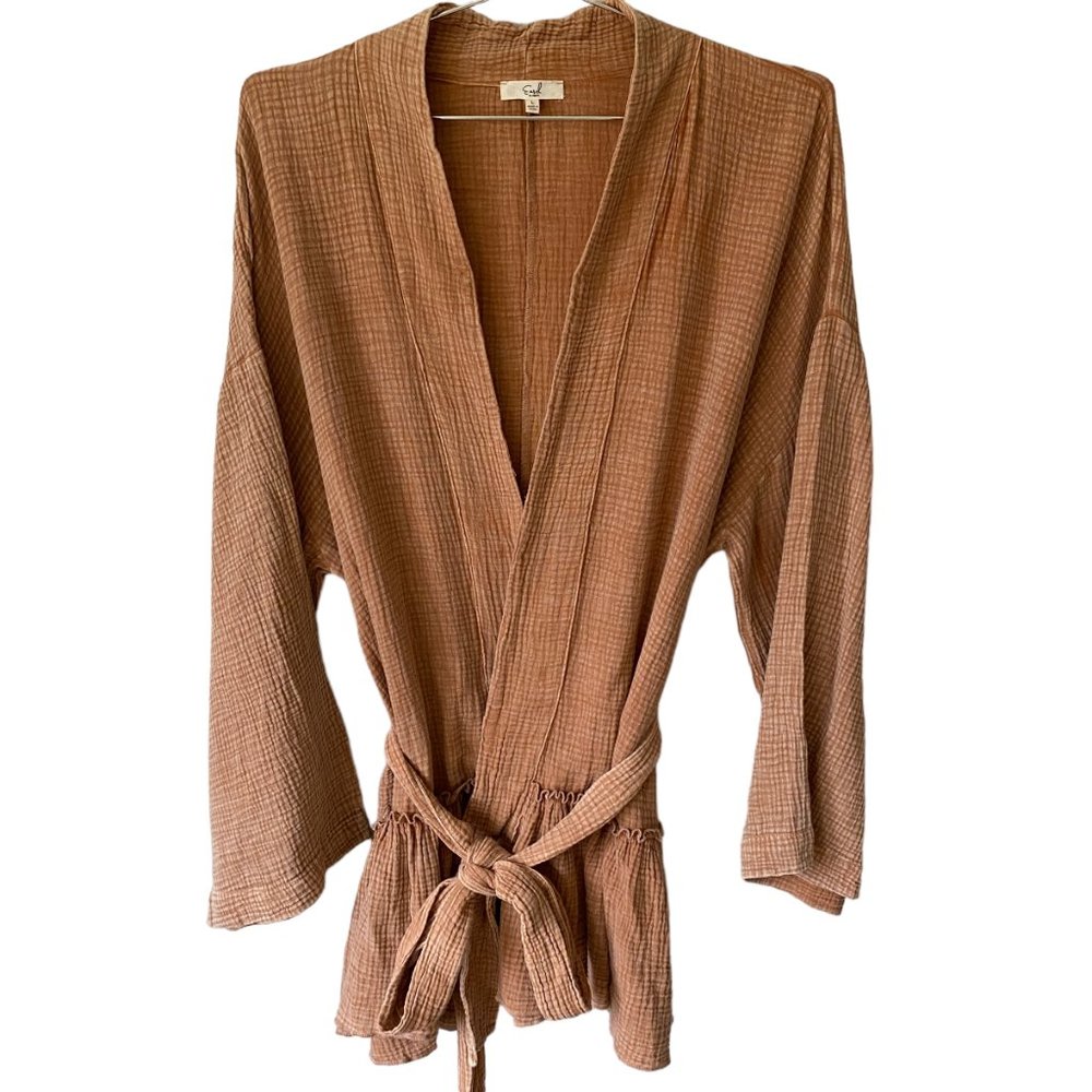 EASEL Lg Mineral Wash Gauzy Cotton Ruffled Trim Open Sweater & Tie Belt Flowy